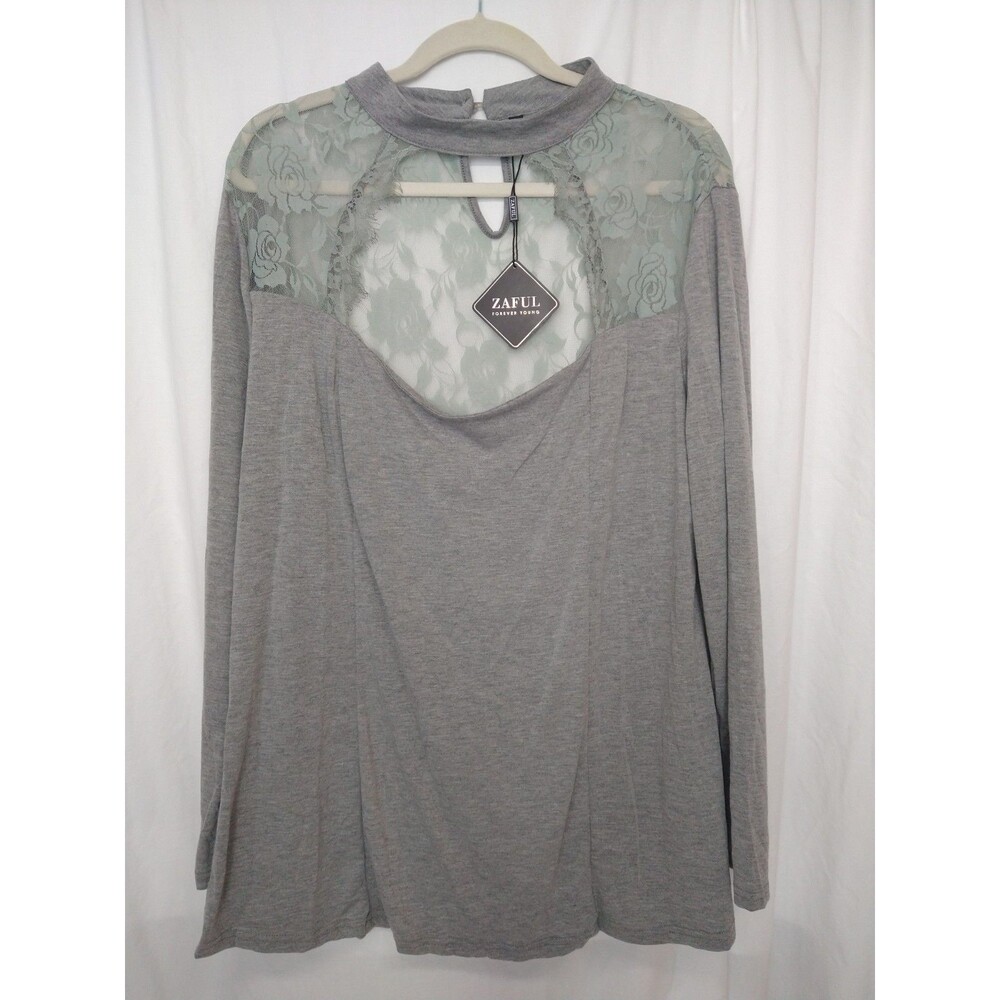 New With Tag Zaful Blouse Size 4X Choker Top Blouse Heather Green/Gray Open Lace